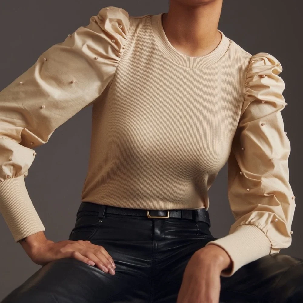 Anthropologie Dolan Cream Puff Sleeve Top Pearls Romantic Cottagecore Size XS